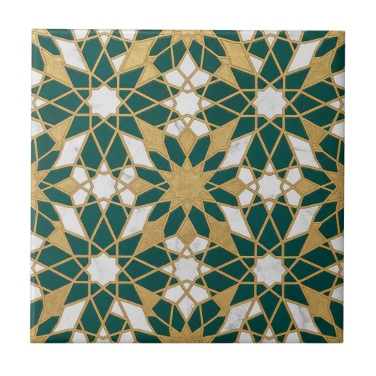 Moroccan Islamic Teal Gold Geometric Seamless Patt タイル (正面)