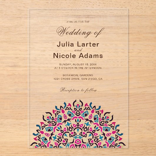 Moroccan Lattice Geometric Mandala Wedding アクリル招待状 (正面)