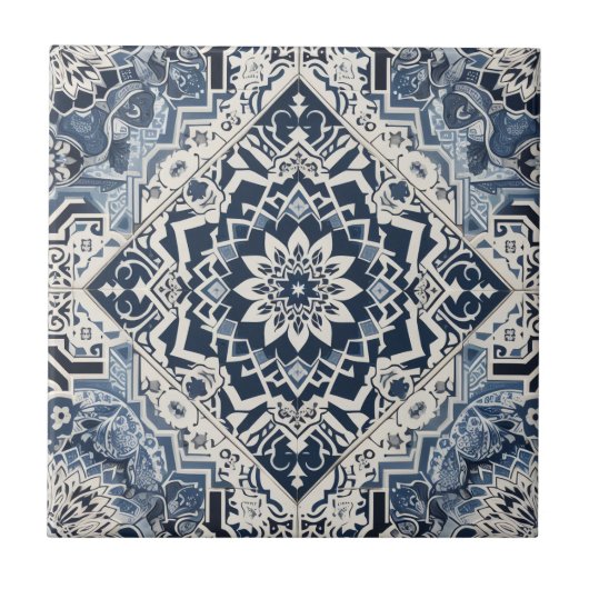 Moroccan Mediterranean Blue & White Tile Pattern タイル (正面)