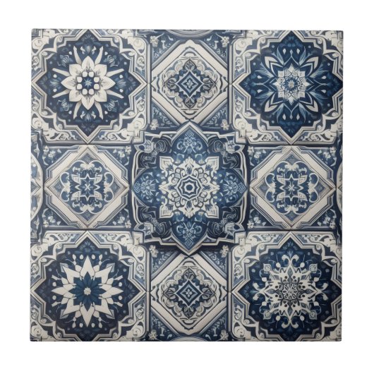 Moroccan Mediterranean Blue & White Tile Pattern タイル (正面)