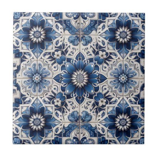 Moroccan Mediterranean Blue & White Tile Pattern タイル (正面)