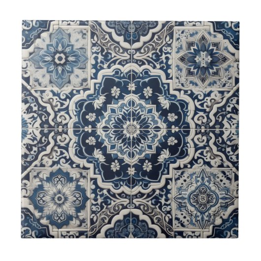 Moroccan Mediterranean Blue & White Tile Pattern タイル (正面)