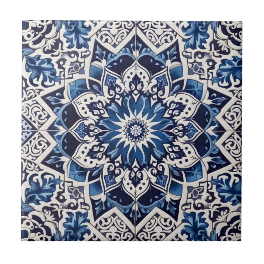 Moroccan Mediterranean Blue & White Tile Pattern タイル (正面)