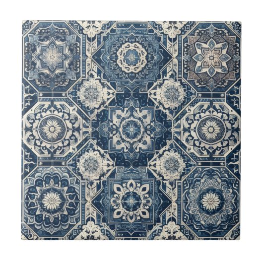 Moroccan Mediterranean Blue & White Tile Pattern タイル (正面)