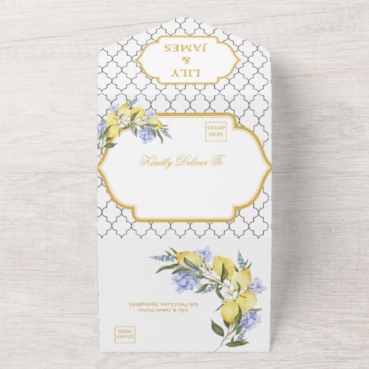 Moroccan Pattern Mediterranean Lemon Wedding オールインワン招待状 (外側)