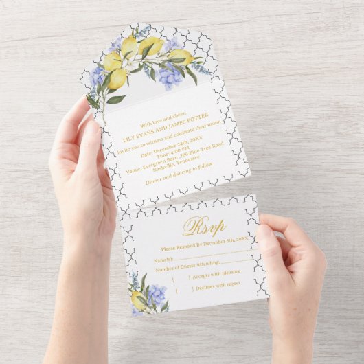 Moroccan Pattern Mediterranean Lemon Wedding  オールインワン招待状 (貼ってはがせる)