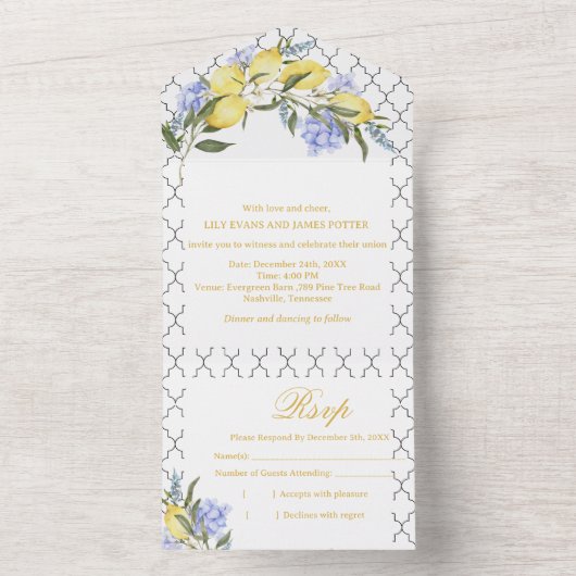 Moroccan Pattern Mediterranean Lemon Wedding  オールインワン招待状 (内側)