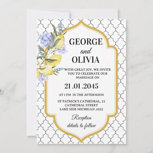 Moroccan Pattern Mediterranean Lemon Wedding 招待状 (正面)
