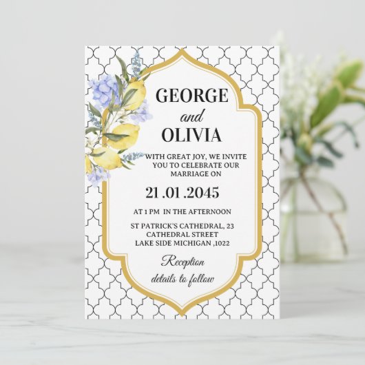 Moroccan Pattern Mediterranean Lemon Wedding 招待状 (スタンド正面)