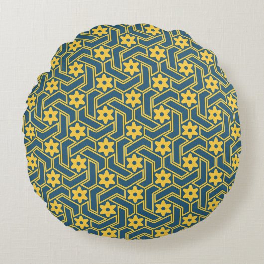 Moroccan Star Lattice - Blue and Yellow Pattern ラウンドクッション (正面)