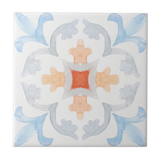 Moroccan style tile flower orange grey summer タイル (正面)
