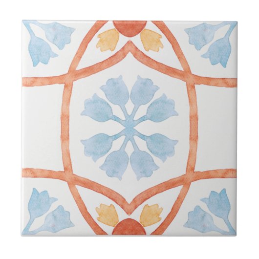 Moroccan style tile flowers orange and blue タイル (正面)