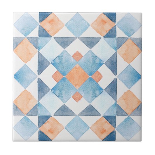 Moroccan style tile geometric orange blue summer タイル (正面)