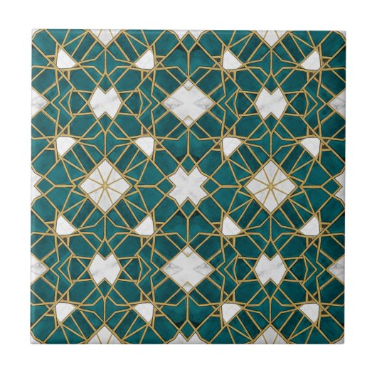Moroccan Teal and Gold Islamic Geometric Seamless  タイル (正面)