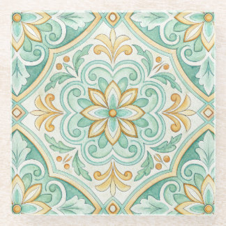 Moroccan Tile Geometric Floral Pattern ガラスコースター