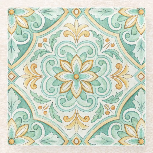 Moroccan Tile Geometric Floral Pattern ガラスコースター (正面)