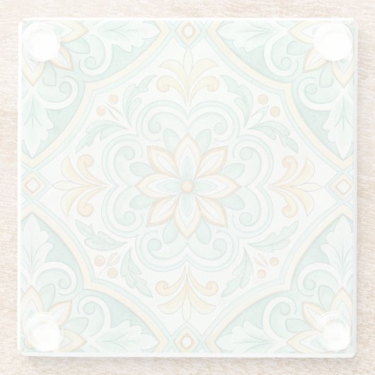 Moroccan Tile Geometric Floral Pattern ガラスコースター (裏面)