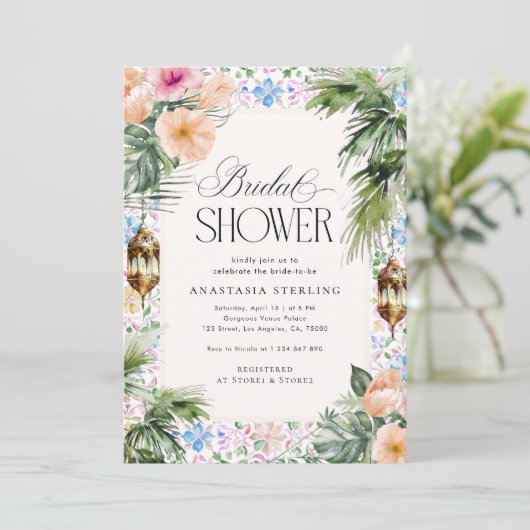 Moroccan Tile Palm Tree & Hibiscus Bridal Shower  招待状 (スタンド正面)