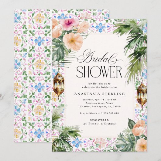 Moroccan Tile Palm Tree & Hibiscus Bridal Shower  招待状 (正面/裏面)