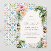 Moroccan Tile Tropical Hibiscus Wedding 招待状 (正面/裏面)
