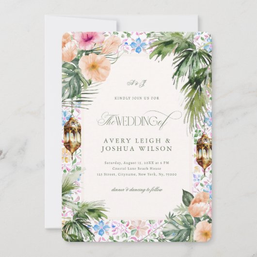 Moroccan Tile Tropical Hibiscus Wedding 招待状 (正面)