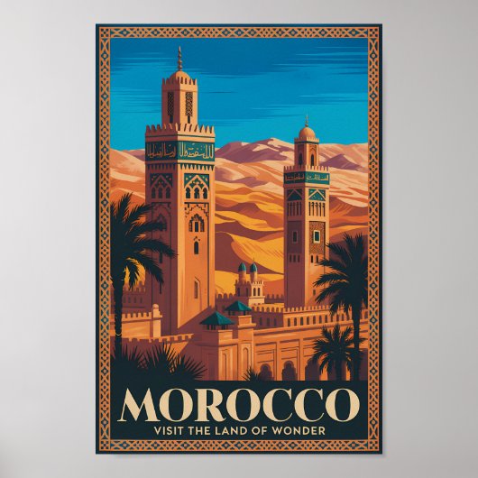 Morocco Desert Illustration Travel Art Vintage ポスター (正面)