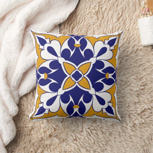 Morocco Square Tile Yellow Blue Bohemian Pattern クッション (ブランケット)