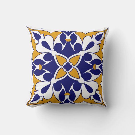 Morocco Square Tile Yellow Blue Bohemian Pattern クッション (正面)