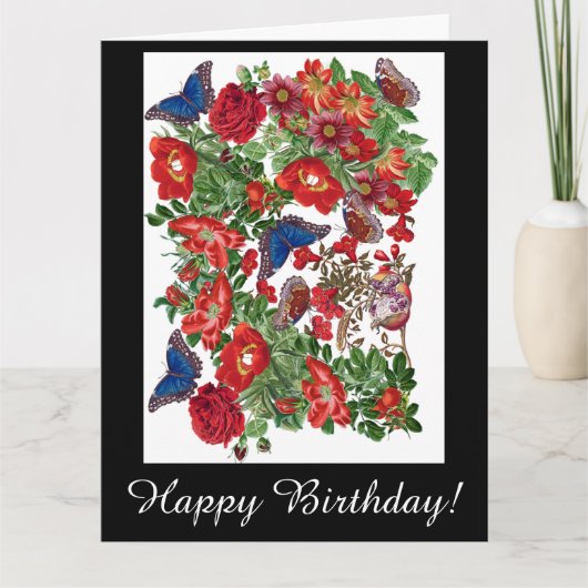Morpho Butterfly Roses Flowers Big Birthday Card カード (正面)