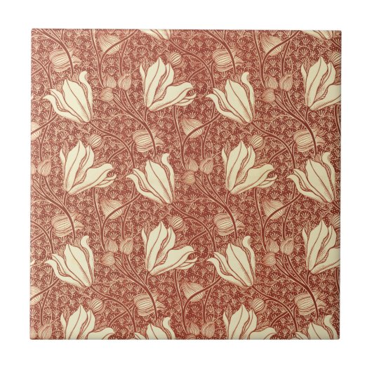 Morris Inspired Victorian Red Lily Floral Textile タイル (正面)