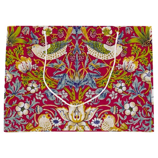 Morris Red Background Strawberry Thief Pattern ラージペーパーバッグ (正面)