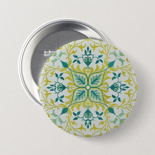Morris Yellow Turquoise Vine & Flower Pattern 缶バッジ (正面&裏面)