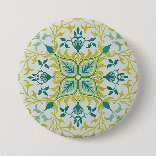 Morris Yellow Turquoise Vine & Flower Pattern 缶バッジ (正面)