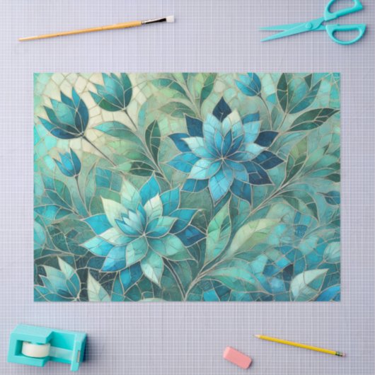 Mosaic Blue Teal Floral Pattern Decoupage 薄葉紙 (クラフト)