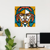 Mosaic Geometric Portrait in Amber and Teal ポスター (ホームオフィス)