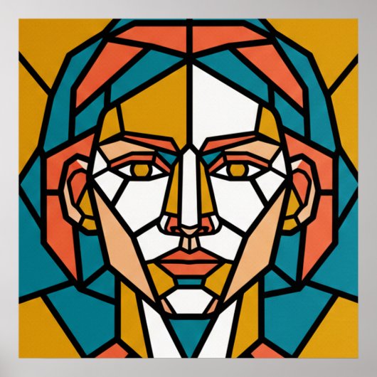 Mosaic Geometric Portrait in Amber and Teal ポスター (正面)