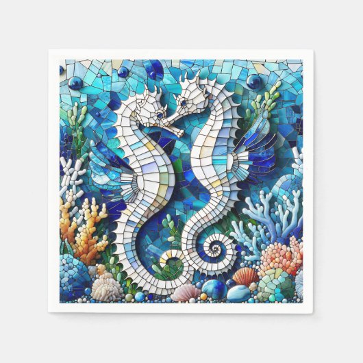 Mosaic Seahorses Romantic Beachy スタンダードカクテルナプキン (正面)