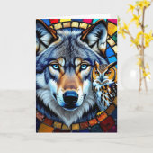Mosaic Style Owl and Wolf | Happy Birthday カード (黄色い花)