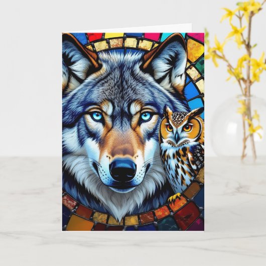 Mosaic Style Owl and Wolf | Happy Birthday カード (黄色い花)