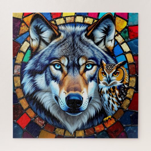 Mosaic Style Owl and Wolf Wildlife Vibrant ジグソーパズル (縦)