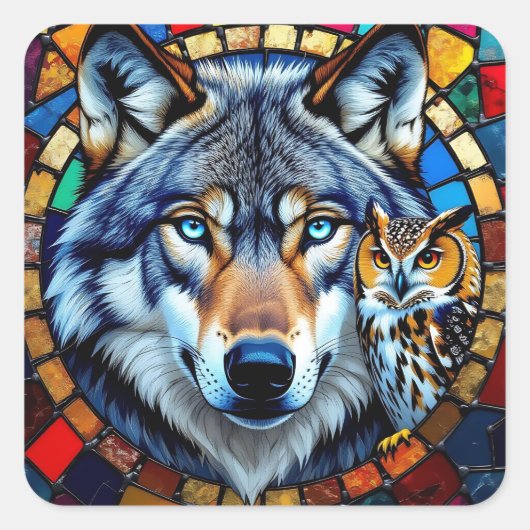Mosaic Style Owl and Wolf Wildlife Vibrant スクエアシール (正面)