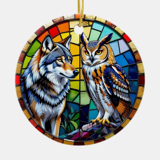 Mosaic Wolf and Owl  Art Personalized Christmas セラミックオーナメント (正面)