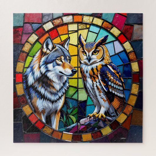 Mosaic Wolf and Owl Vibrant Art ジグソーパズル (縦)