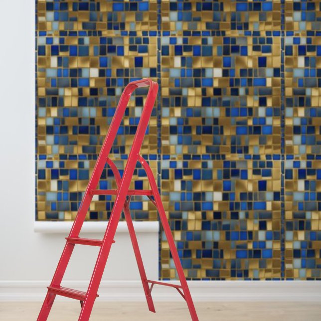 Mosiac金ゴールド青タイル模様ピールスティック 壁紙 (Mosiac Gold Blue Tiles Pattern Peel Stick Wallpaper)