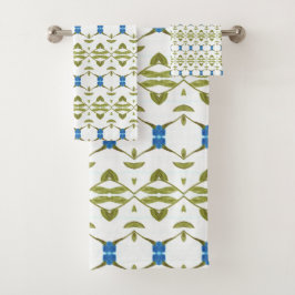 MOssグリーンブルーと白パターン（の模様が）ある バスタオルセット
