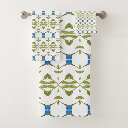 MOssグリーンブルーと白パターン（の模様が）ある バスタオルセット (インサイチュ)