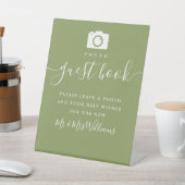 Moss Green エレガント Scriptモダン Photo Guest Book 台座サイン (インサイチュ)