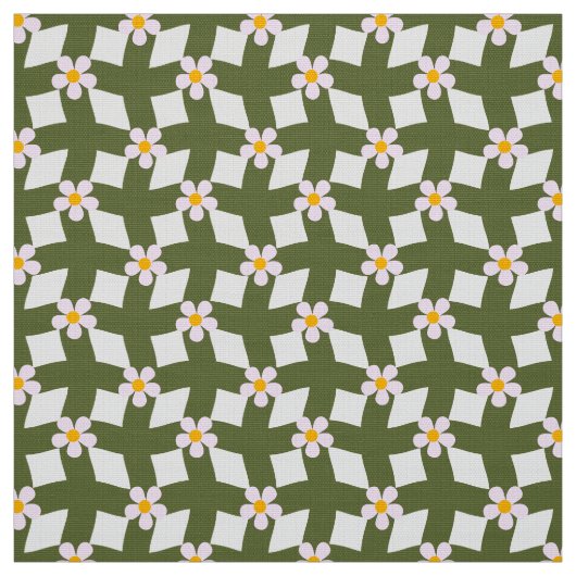 Moss Green Abstract Floral Grid Polyester Fabric ファブリック (見本)