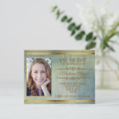 Moss Green、Blue、および金ゴールドグランジ写真の卒業 ポストカード (スタンド正面)