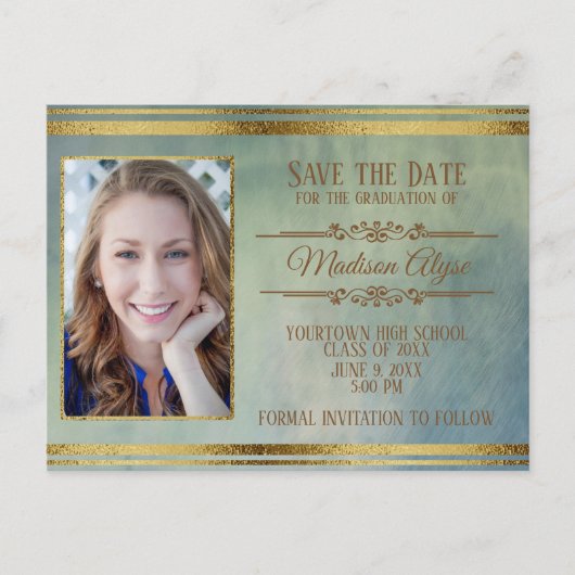 Moss Green、Blue、および金ゴールドグランジ写真の卒業 ポストカード (正面)